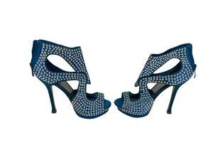 BEBE Cassandra Silver Studded Stilettos Heels Womens Size 8M Blue Peep Toe